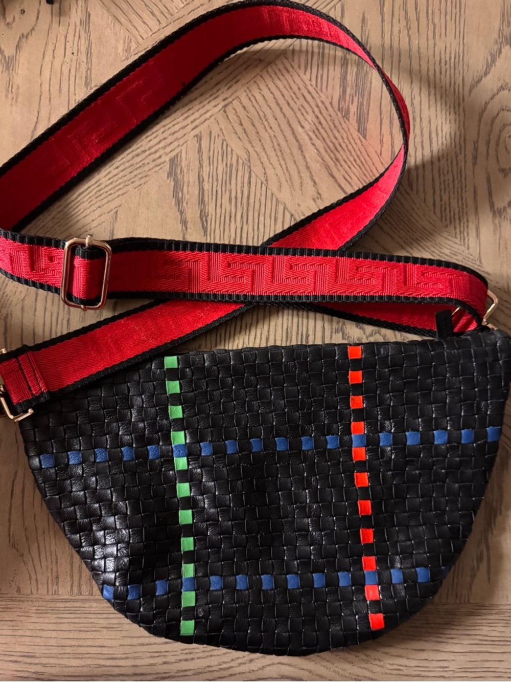 Clare V Black Woven Crossbody Bag with Red Strap and Multicolor Accents - Picture 2 of 3